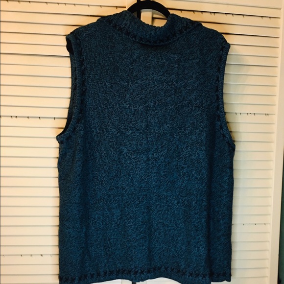 Blue green sweater vest 2X zipper black “X” border trim collar CJBanks vintage - Picture 3 of 4